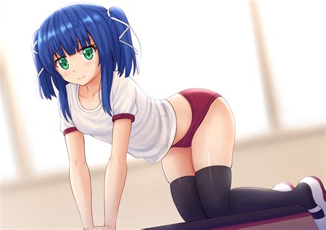 Green Eyes Blue Hair Bent Over Kazenokaze Anime Girls Sportswear