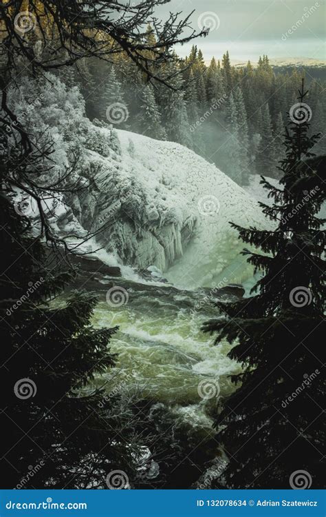 Biggest Frozen Swedish Waterfall Tannforsen In Winter Time Royalty Free