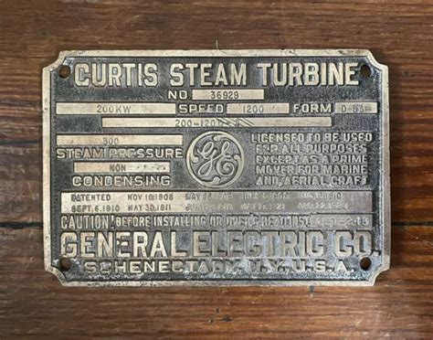 Vintage 1924 Brass General Electric Curtis Steam Turbine Plaque Sign