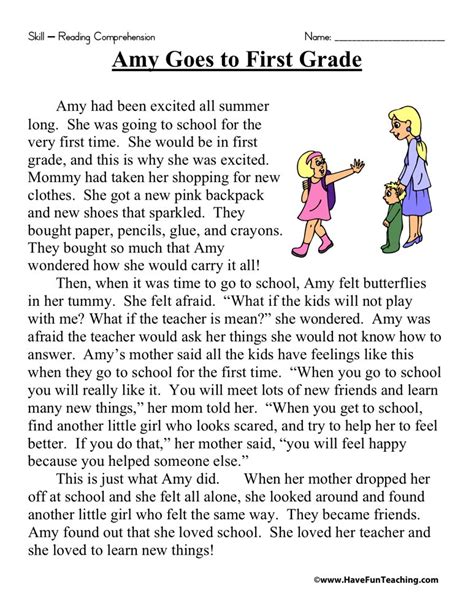 Inspiring confident readers through personal learning. Amy Goes to First Grade Reading Comprehension Worksheet ...