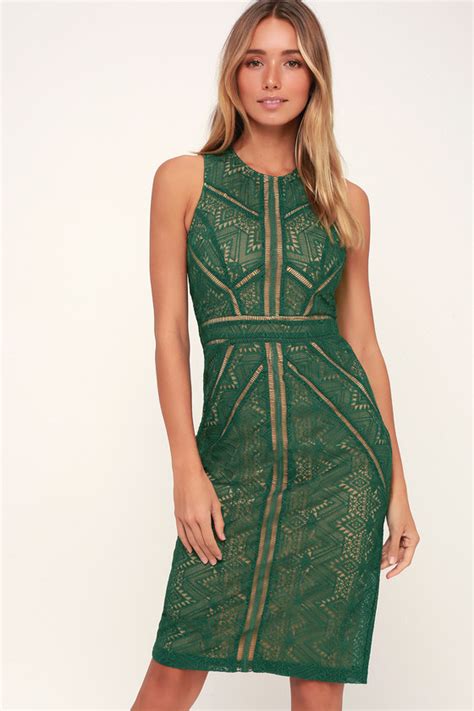 Bardot Eve Dark Green Lace Dress Sheath Dress Midi Dress Lulus