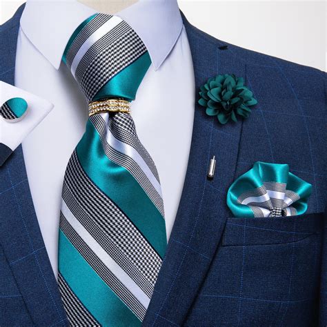 5pcs Blue Grey Striped Tie Pocket Square Cufflinks With Tie Ring Lapel