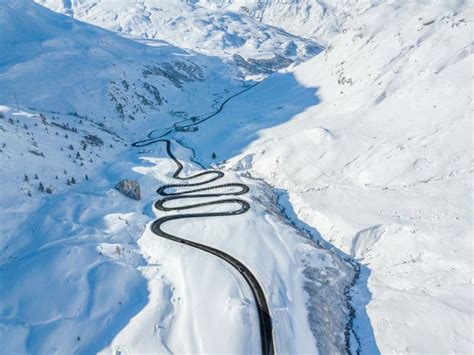 Aerial View Of The Winding Road Over The Julier Pass In Swiss Alps
