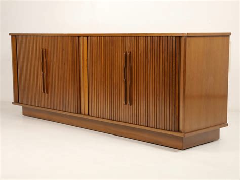 Large Mid Century Modern Walnut Stereo Record Cabinet Wtambour Doors