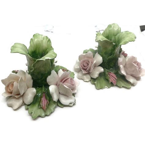 Capodimonte Pink Rose Porcelain Candle Holders Porcelain Candle