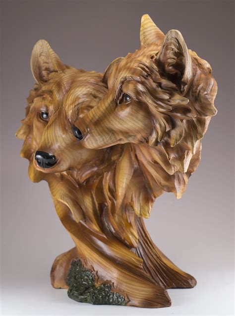 Wolf Head Bust With 2 Wolves Faux Carved Wood Look Figurine Statue 12
