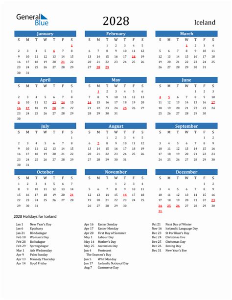 2028 Iceland Calendar With Holidays