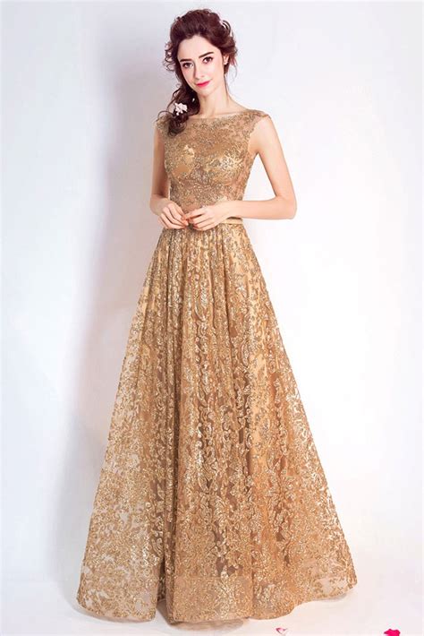 Luxury Gold Sparkly Lace A Line Formal Dress Sleeveless Wholesale