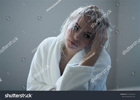 Sexy Blonde Girl Wet Hair Bathrobe Stock Photo Shutterstock