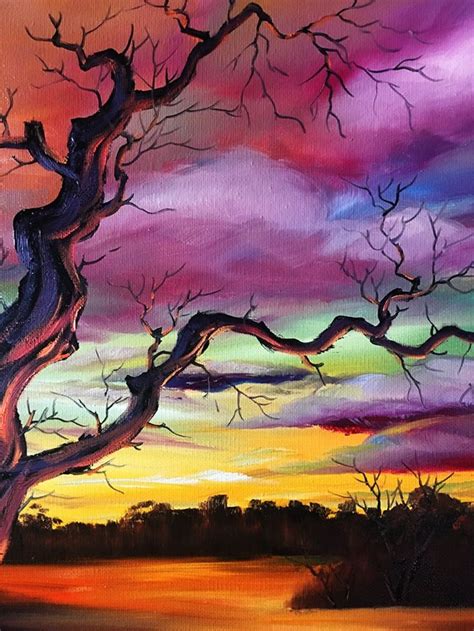 A Painting Of A Tree In The Sunset
