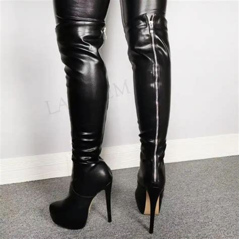 Laigzem Super Women Long Boots Stiletto High Heels Boots Faux Leather Knee High Over Knee Boots