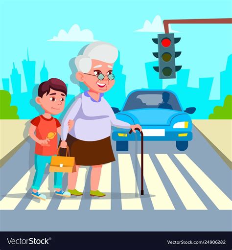 Boy Helping Senior Woman Crossing Street Vector Image On
