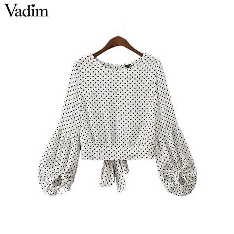 vadim sweet polka dot chiffon shirts back bow tie lantern sleeve short blouse europen style
