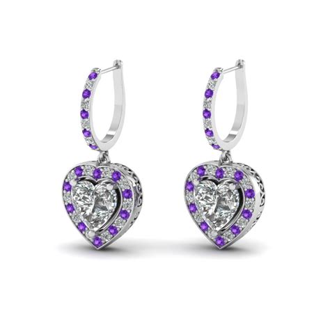 Heart Halo Drop Dangle Earring With Violet Topaz In 14k White Gold