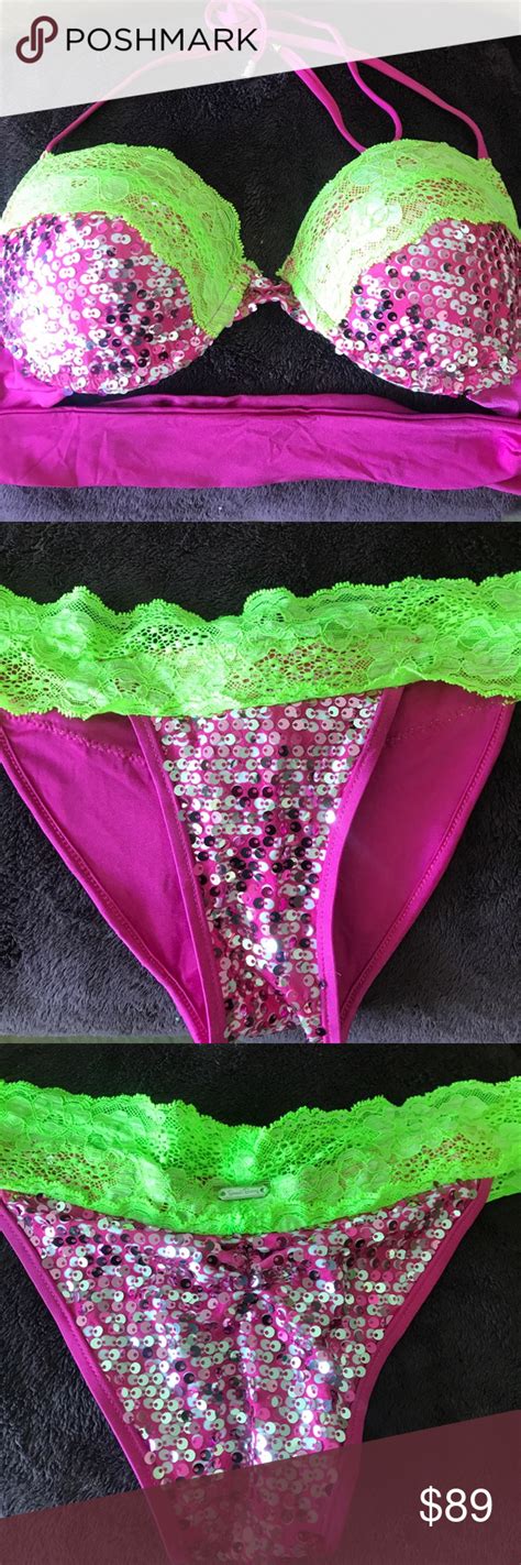Beach Bunny Swimwear Bikini Small Nwot Dazzled Sparkling Pink With Green Lace Bikini Top Size