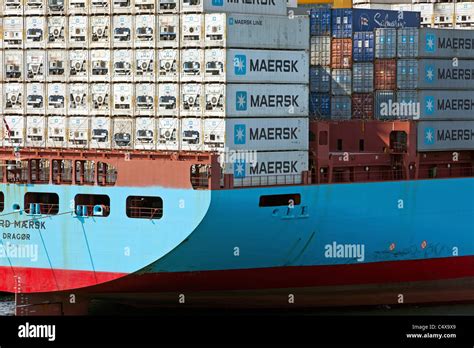 Cargo Container Ship In Port Harbor At Barcelona Spain Maersk