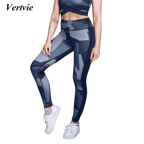 Vertvie Sexy Mesh Patchwork Sport Leggings Women Printed Elastic