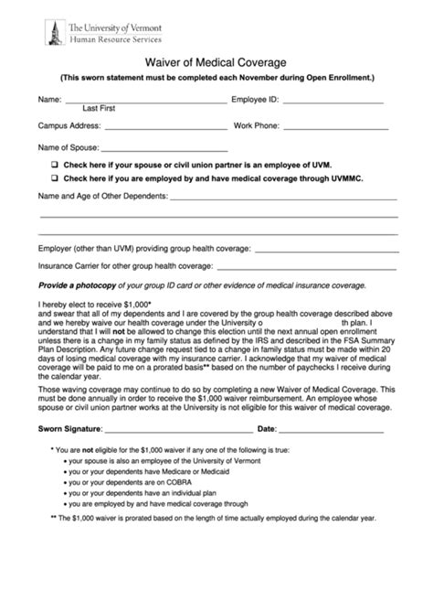 The student health insurance premium is added to all eligible students' accounting statement in the the fall waiver link in webstac is available july 1 through september 5 for students entering the. Waiver Of Medical Coverage Form printable pdf download