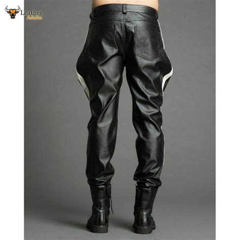 Mens Real Leather Pants Biker Bluf Side Stripes Breeches Trousers Led
