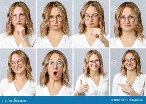 Beautiful Woman With Different Facial Expressions And Gestures Stock