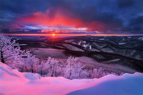 Winter Sunset Purple Snow View Sunset Lake Winter Frost Bonito