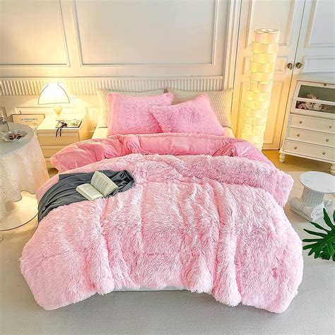 Shaggy Comforter Set Pink Queen Size 3 Pieces Winter Faux