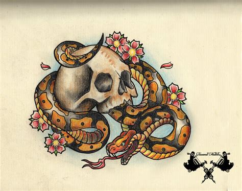 Tattoo Flash Skull And Snake By Tausend Nadeln On Deviantart