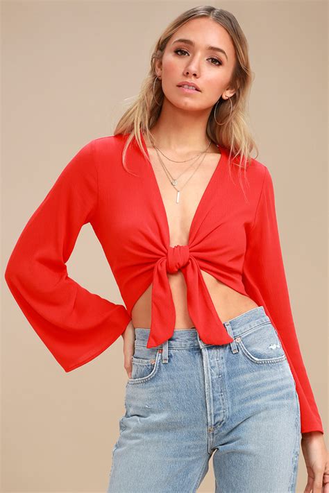 Chic Tie-Front Top - Crop Top - Long Sleeve Top - Red Top - Lulus