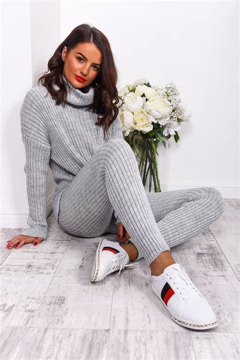 Knitted Co Ord Set Grey Knitted Leggings And Long Sleeved Jumper With