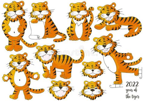 Set Of Tigers In Hand Draw Style Symbol Of Stock Vector