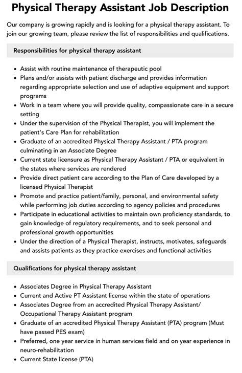 Physical Therapy Assistant Job Description Velvet Jobs