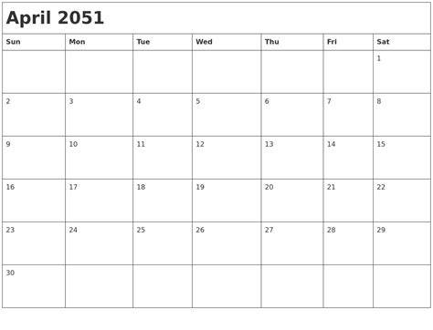 April 2051 Month Calendar