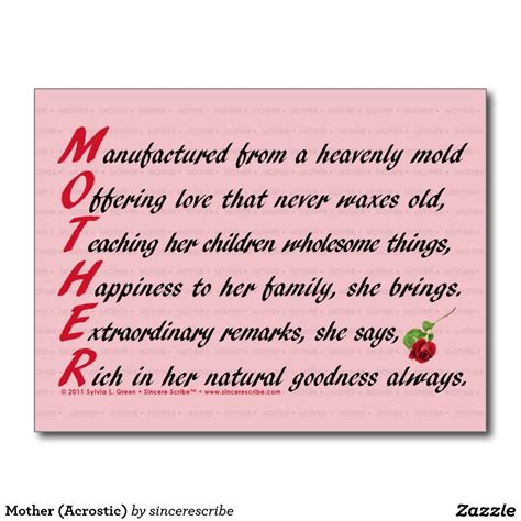 Mother Acrostic Postcard Zazzle Mothers Day Poems Mother Poems