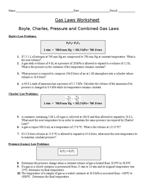 Gas laws worksheet #2 boyles charles and combined