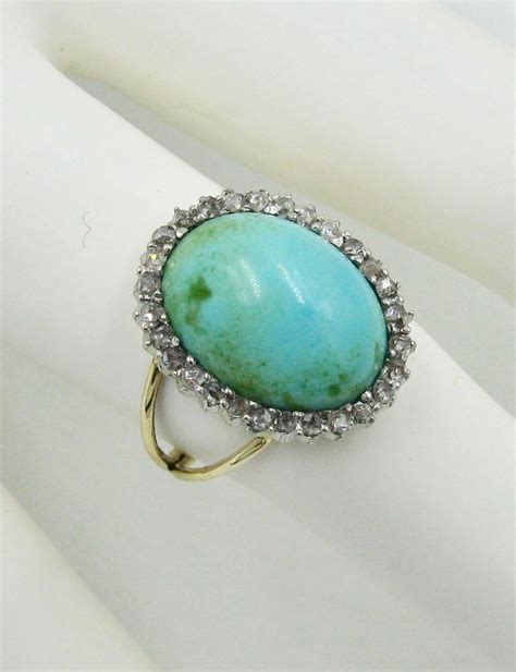 Antique Persian Turquoise Ring Rose Cut Diamond Halo Platinum Edwardian