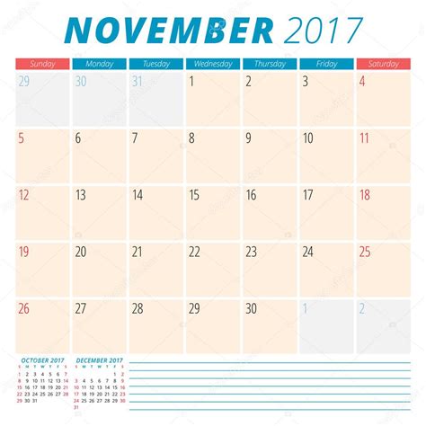November 2017 Calendar Planner For 2017 Year Week Starts Sunday