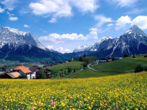 Zugspitze Bavaria In Germany Landscape Spring Mountain Village With