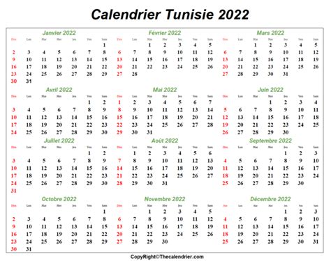 Imprimable Calendrier Tunisie 2022 Jours Fériés En Pdf