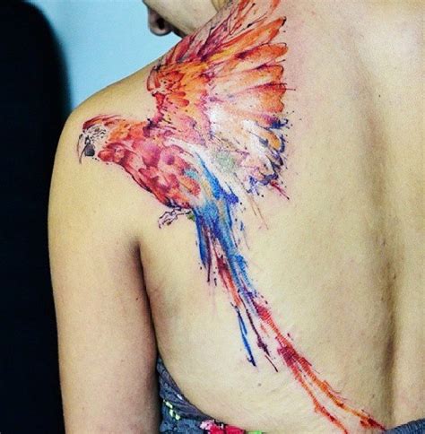 Bright Colored Macaw Parrot Detailed Tattoo On Shoulder Blade In Watercolor Style Tattooimagesbiz