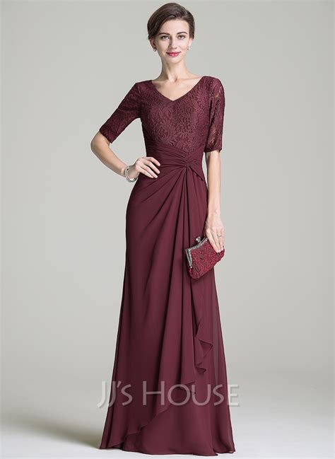 A Line Princess V Neck Floor Length Chiffon Lace Mother Of The Bride Dress With Ruffle Cascading