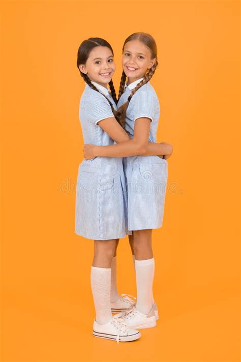 Friendly Hug Beautiful Schoolgirls Best Friends Back To School