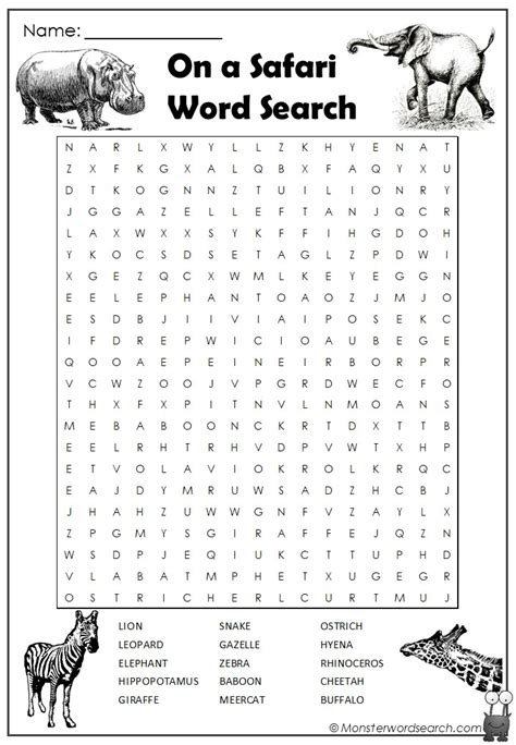 On A Safari Word Search Monster Word Search