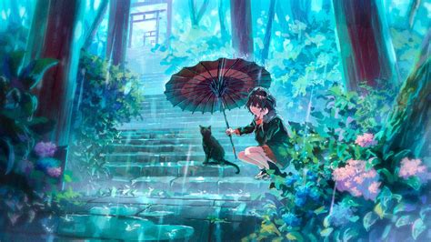 Download Wallpaper 2048x1152 Girl Cat Umbrella Rain Anime Ultrawide