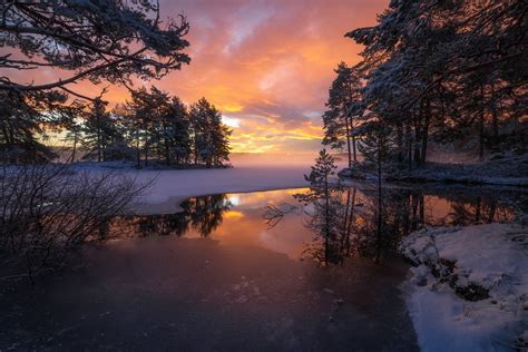 Wallpaper Snow Lake Scenery Norway Sunset Field Ringerike