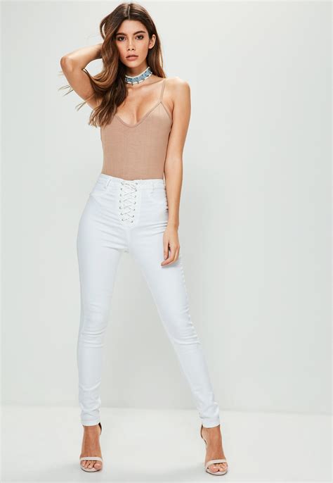 Missguided White Vice High Waisted Lace Up Skinny Jeans At £9 Love