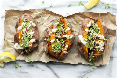 A baked potato is a blank canvas for an endless array of tasty toppings. How to Make a Vegan Loaded Baked Sweet Potato - Coveteur