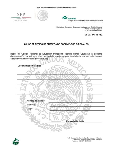 Acuse De Recibo De Entrega De Documentos Originales Escuelas