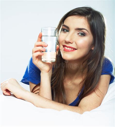 Smiling Female Model Portrait With Water Glass Stock Image Image Of