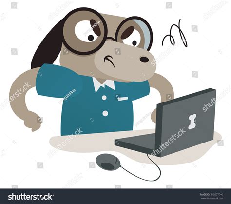 Vector Illustration Of A Cartoon Nerdy Dog Using A Computer One Group