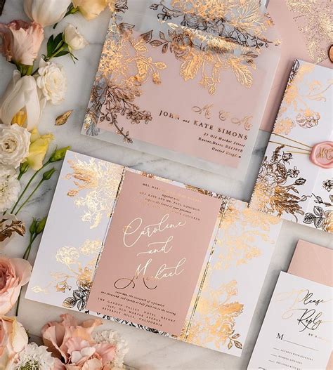 Rose Gold Wedding Invitations With Vellum Glitter Foil Wrap Envelope